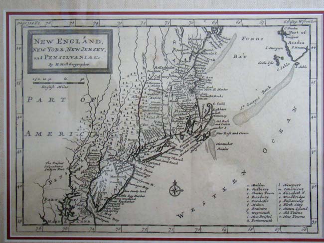 A Map of New England, New York, New Jersey & Pennsylvania by Hermann Moll and published in 1708